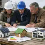 Labels BBC, HQE, Passivhaus : lequel garantit les meilleures performances à long terme ? Trois personnes en casques examinant plans et maquette de maisons