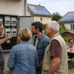 Autoconsommation photovoltaïque collective : comment mutualiser votre production entre voisins ? Personnes examinant un tableau électrique près panneaux solaires