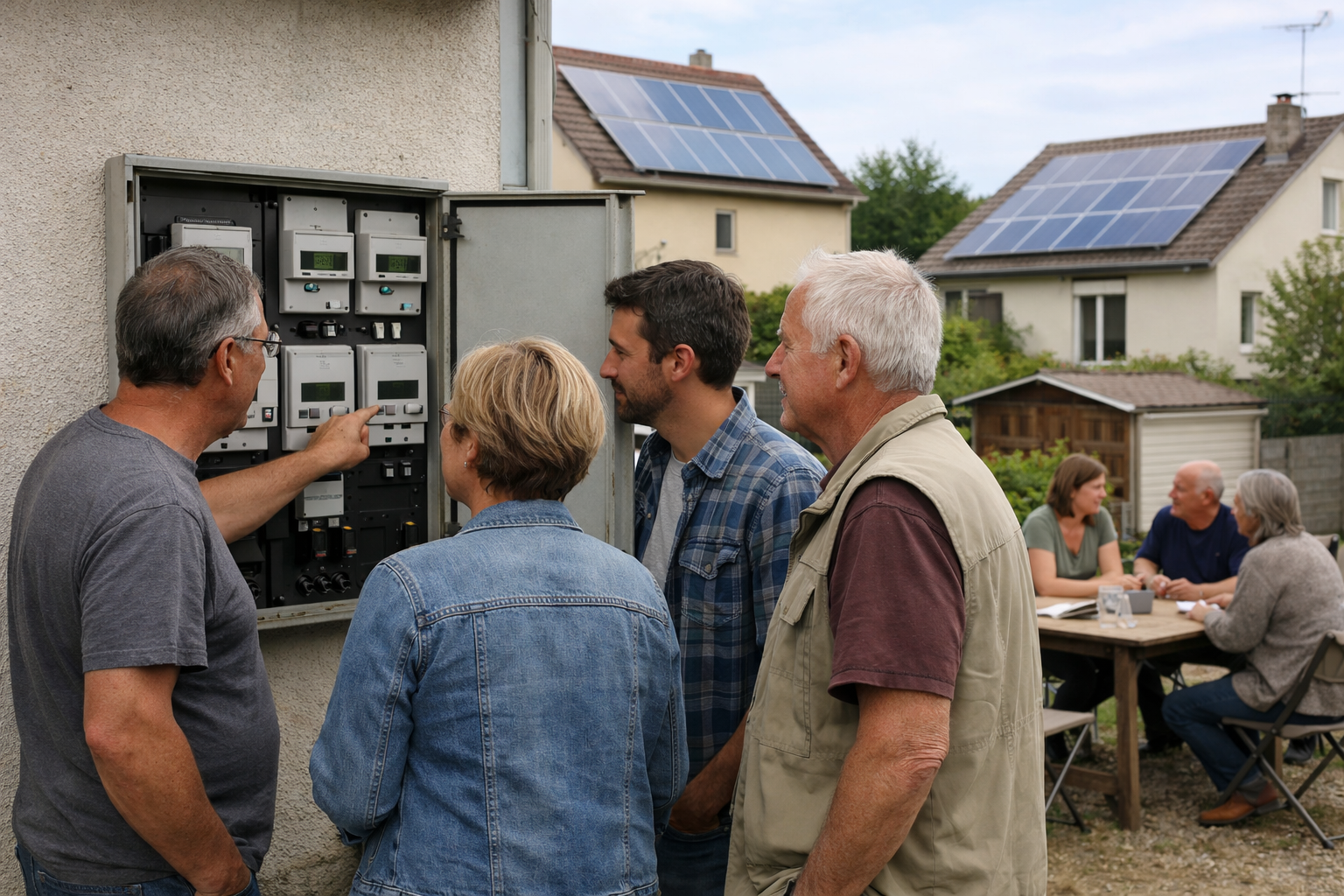 Personnes examinant un tableau électrique près panneaux solaires