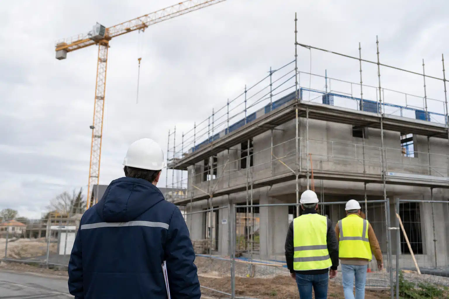 Trois ouvriers casqués observant un chantier en construction
