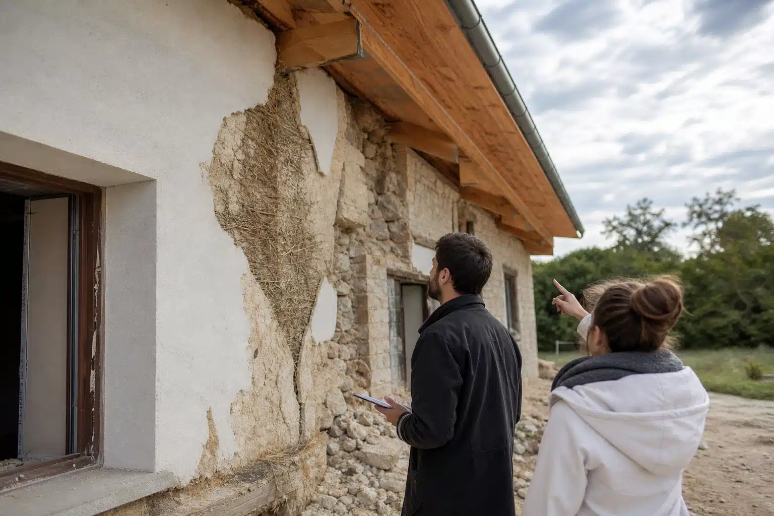 Deux personnes observant façade partiellement effondrée