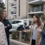 Copropriété : pouvez-vous imposer l'installation d'une borne électrique collective ? Personnes discutant devant immeuble résidentiel, voiture électrique garée