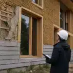 Malfaçon garantie décennale : construction écologique, jusqu'où s'étend vraiment votre protection ? Inspecteur en casque tenant tablette devant façade en rénovation
