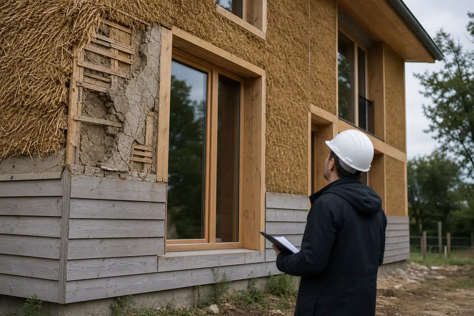 Inspecteur en casque tenant tablette devant façade en rénovation
